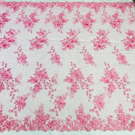 Beaded 3D Floral Lace Fabric - Embroidered On 100% Polyester Net Mesh, 52" Width, Multi Color (1 Yard)