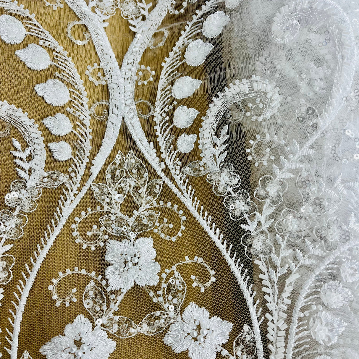 Beaded Lace Fabric Embroidered On 100 Percent Polyester Net Mesh - White, Ivory, Antique Silver, 51" Width (1 Yard)