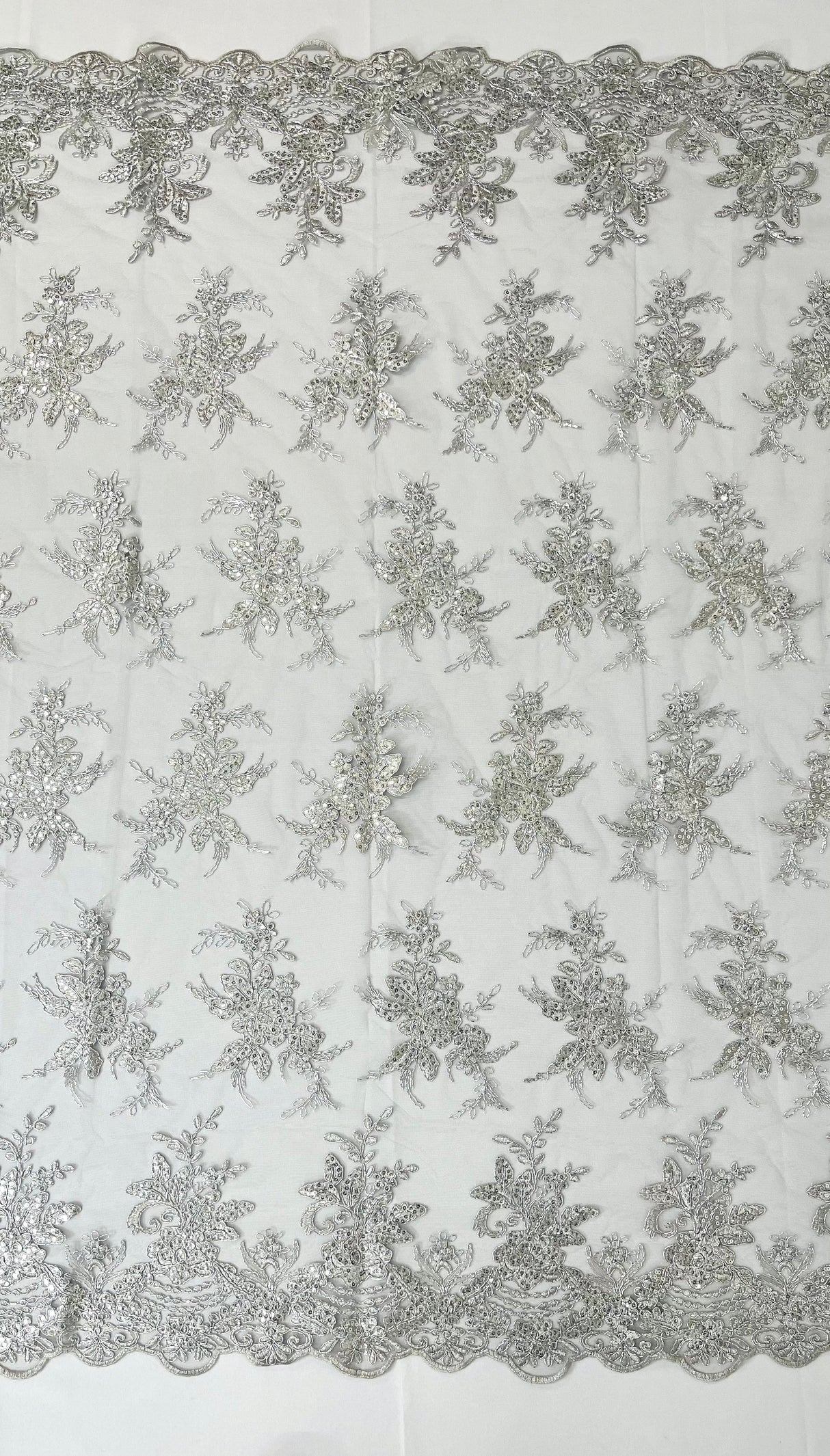 Valentina Embroider Floral Lace Polyester Fabric - Corded Floral Embroidery With Sequins, Mesh Lace, Double Scallop Edge, 50-54" Width (1 Yard)