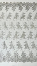 Valentina Embroider Floral Lace Polyester Fabric - Corded Floral Embroidery With Sequins, Mesh Lace, Double Scallop Edge, 50-54" Width (1 Yard)