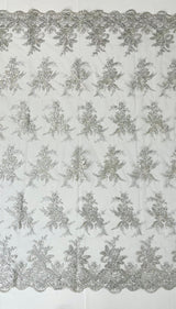 Valentina Embroider Floral Lace Polyester Fabric - Corded Floral Embroidery With Sequins, Mesh Lace, Double Scallop Edge, 50-54" Width (1 Yard)
