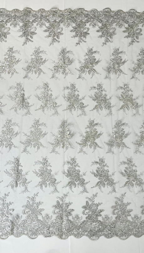Valentina Embroider Floral Lace Polyester Fabric - Corded Floral Embroidery With Sequins, Mesh Lace, Double Scallop Edge, 50-54" Width (1 Yard)