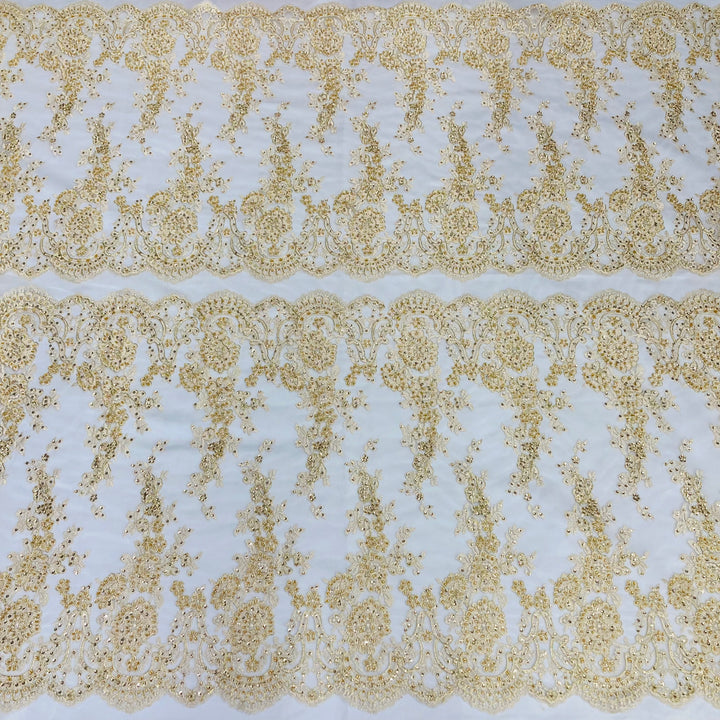 1 Yard Opulent Beaded and Corded Bridal Lace Fabric Embroidered on 100% Polyester Net Mesh White