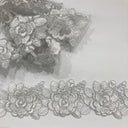 3D Floral Lace Trimming Polyester Fabric - Embroidered Net Mesh, Ivory With Silver, 3" Width (1 Yard)