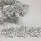 3D Floral Lace Trimming Polyester Fabric - Embroidered Net Mesh, Ivory With Silver, 3" Width (1 Yard)