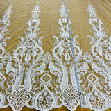 1 Yard Beaded Lace Fabric Embroidered on Polyester Net Mesh White