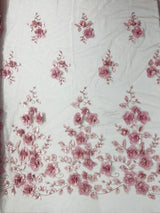 Orquidia 3D Floral Design Embroidered With Pearls Lace Fabric - 3D Floral Mesh Lace, 54" Width (1 Yard)