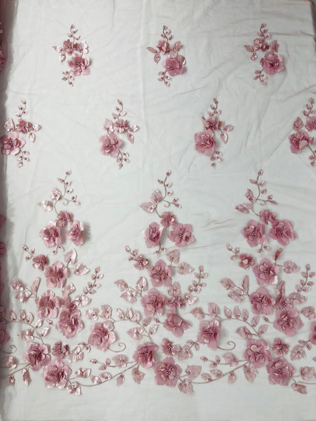Orquidia 3D Floral Design Embroidered With Pearls Lace Fabric - 3D Floral Mesh Lace, 54" Width (1 Yard)