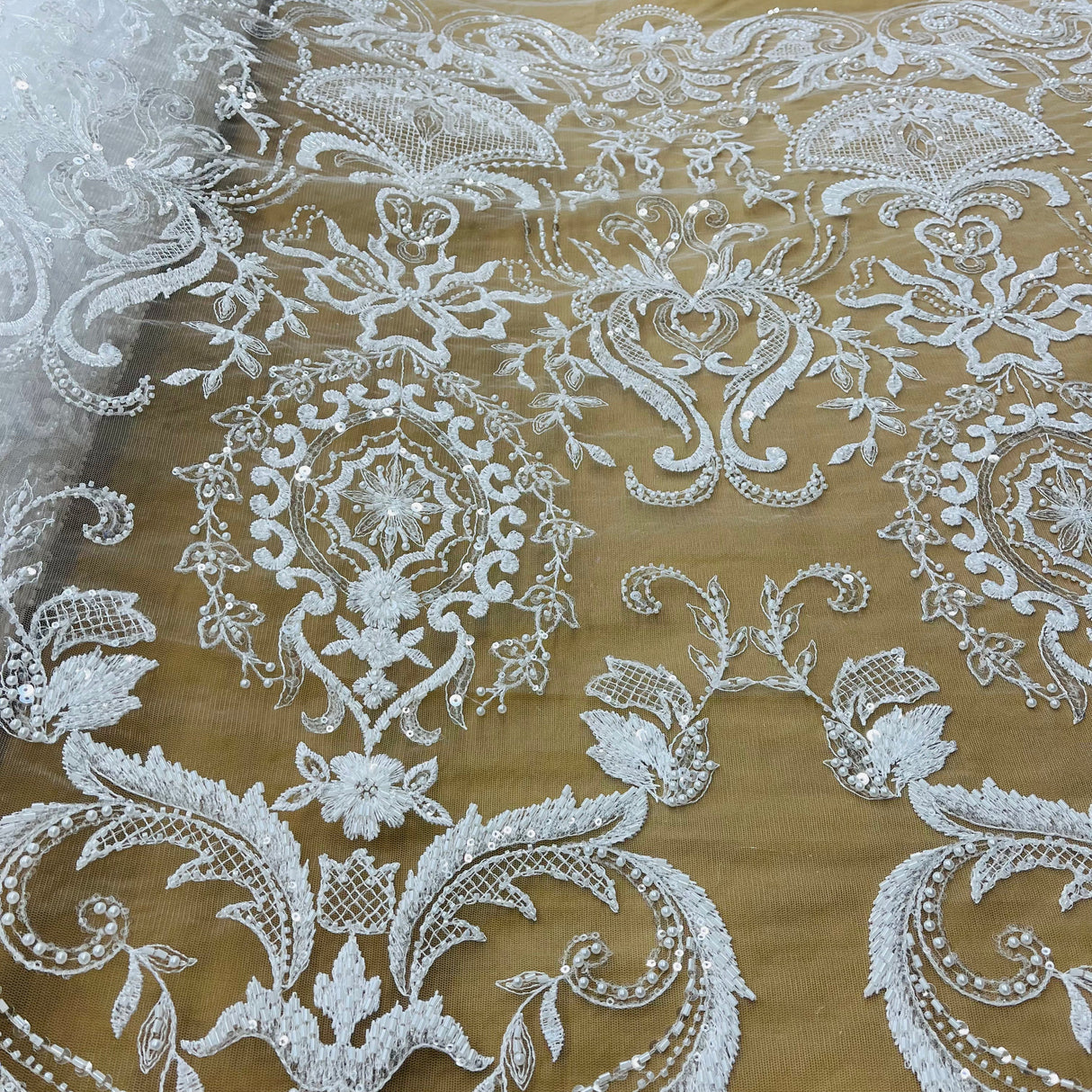 Beaded Lace Fabric on Polyester Net Mesh