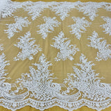 Beaded Corded Bridal Lace Fabric - Embroidered Polyester Net Mesh, 50" Width, Gold, Silver, Ivory, White (1 Yard)