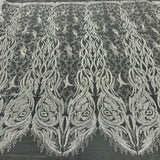 1 Yard Beaded and Corded Bridal Lace Fabric Embroidered on Polyester Net Mesh