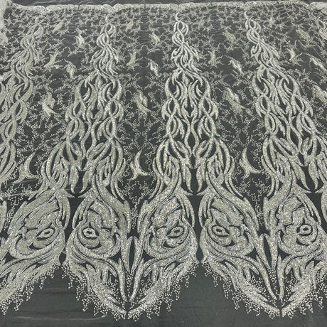 1 Yard Beaded and Corded Bridal Lace Fabric Embroidered on Polyester Net Mesh
