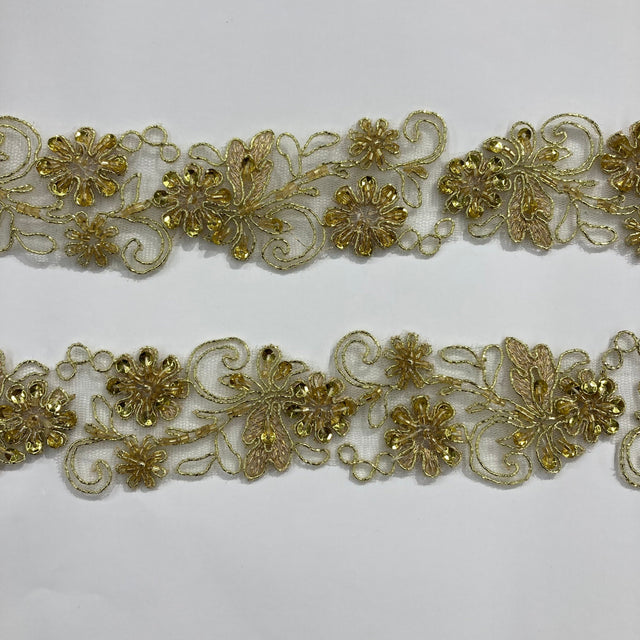 Beaded & Corded Lace Trimming Embroidered On 100 Percent Polyester Net Mesh Fabric - Metallic Gold, Ivory With Silver, White, 2" Width (1 Yard)