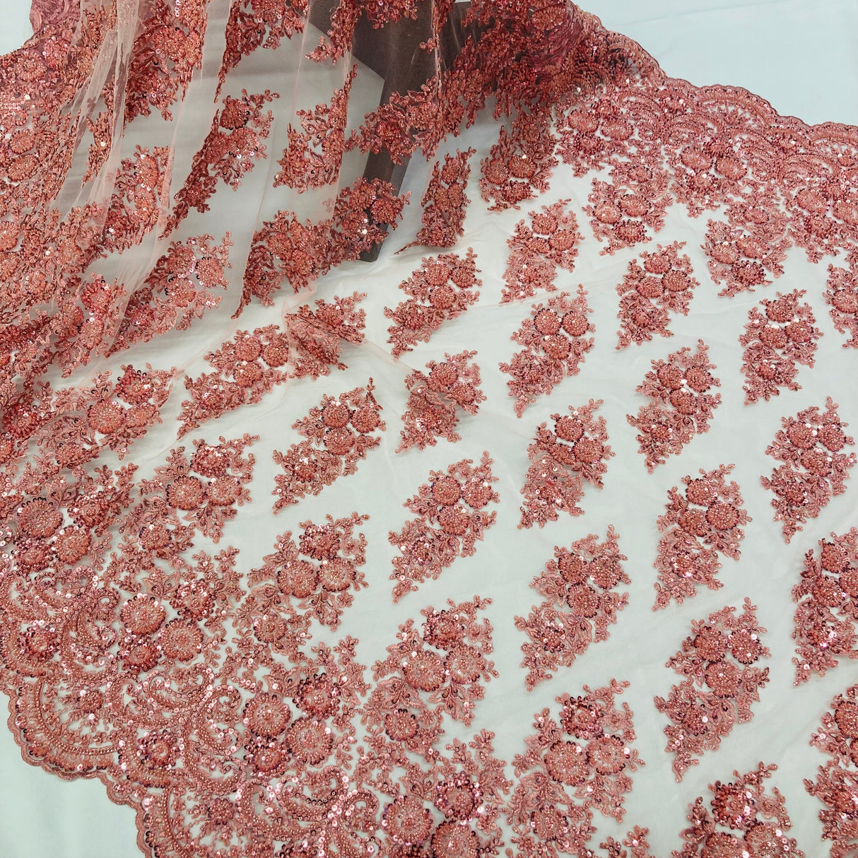 Beaded Lace Fabric Embroidered On 100 Percent Polyester Net Mesh - Red, Champagne, Blush, Coral, Peach, 50" Width (1 Yard)