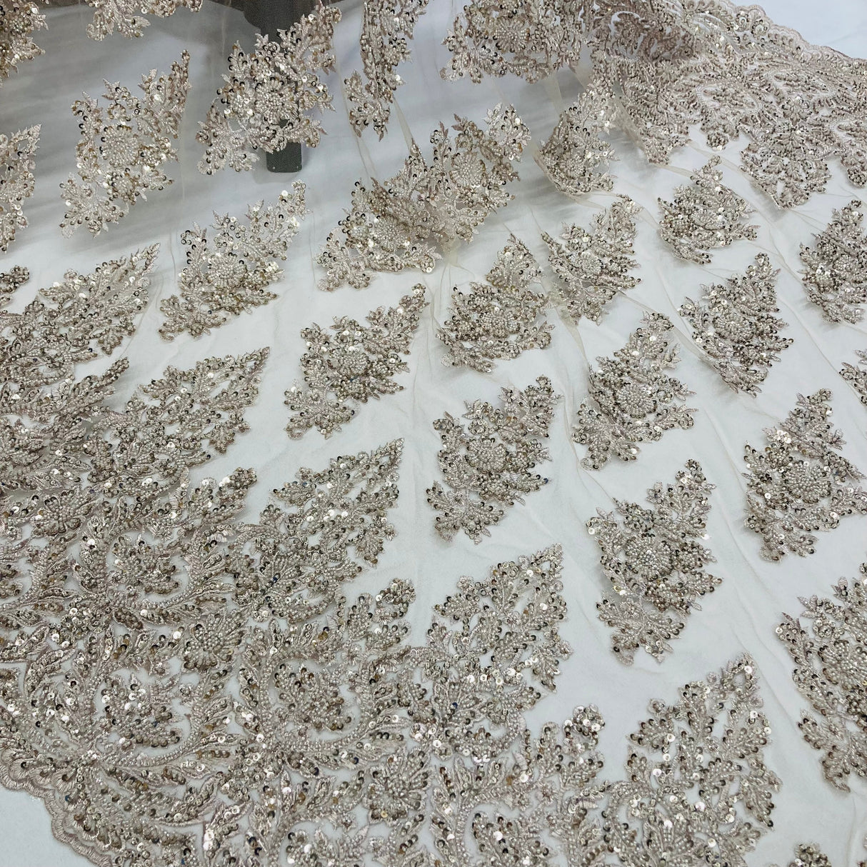 Beaded Lace Fabric on Polyester Net Mesh 50"