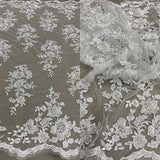 1 Yard Exquisite Beaded and Corded Bridal Lace Fabric Embroidered on 100% Polyester Net Mesh White