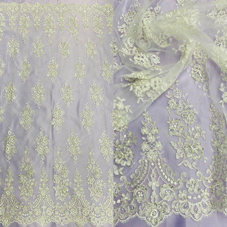 1 Yard Luxurious Corded Lace Fabric Embroidered on 100% Polyester Net Mesh White