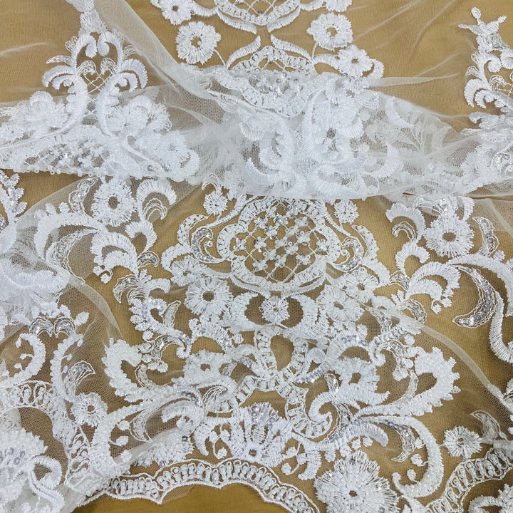 1 Yard Exquisite Beaded Lace Fabric Embroidered on 100% Polyester Net Mesh White