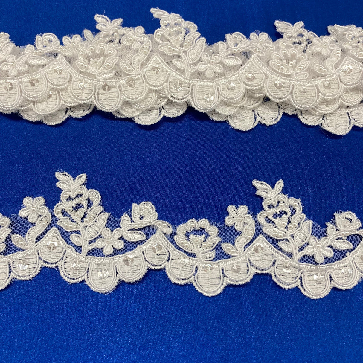 Beaded Corded Floral Lace Trimming Polyester Fabric - Floral Embroidered Net Mesh, 2" Width (1 Yard)