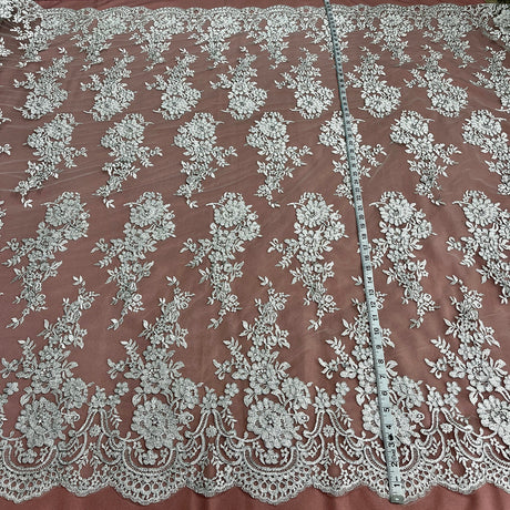 1 Yard Corded Bridal Lace Fabric Embroidered on Polyester Net Mesh