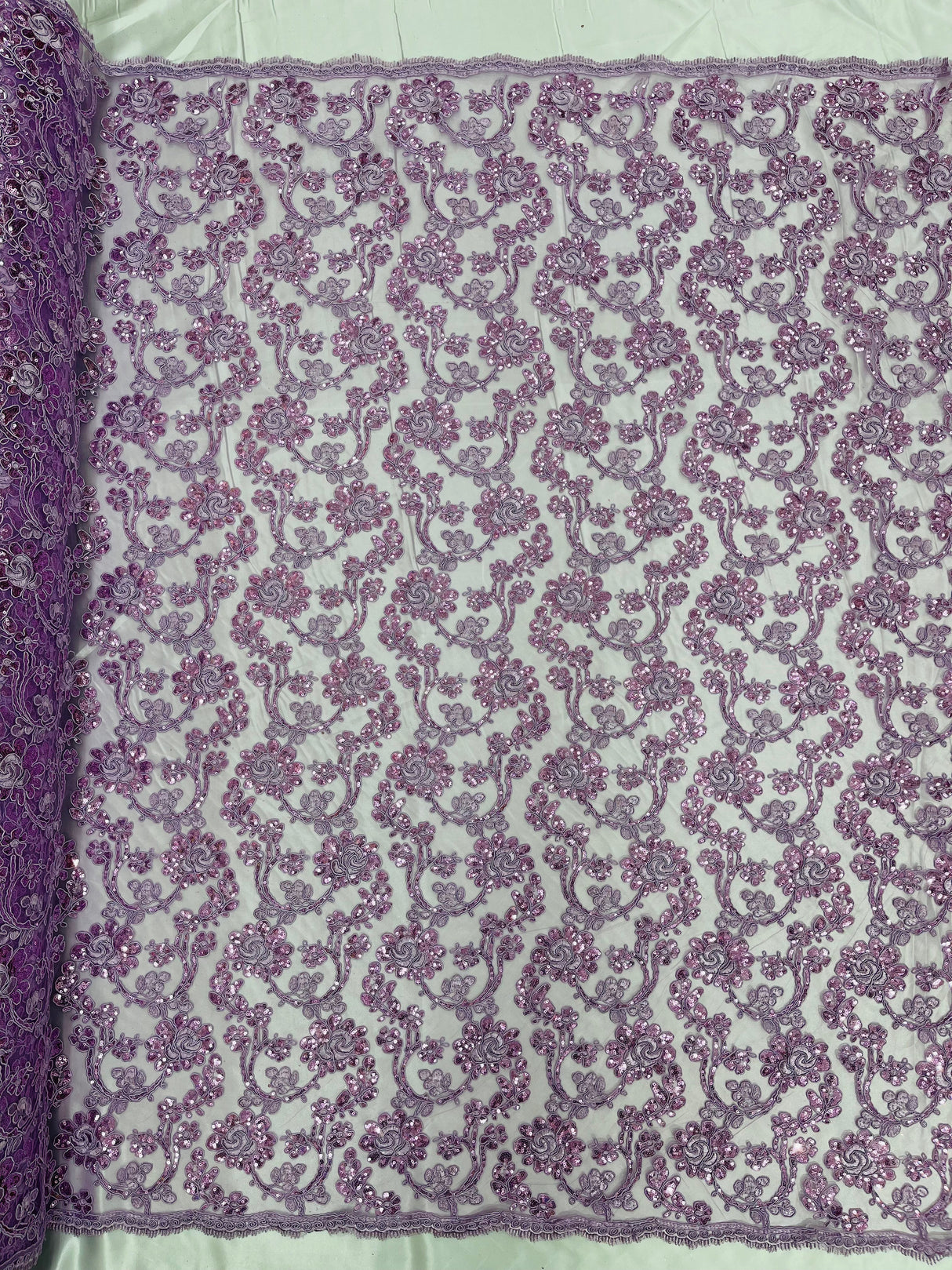 Pamela Floral Lace Polyester Fabric - Floral Corded Embroidered Sequin Lace, 50-54" Width (1 Yard)