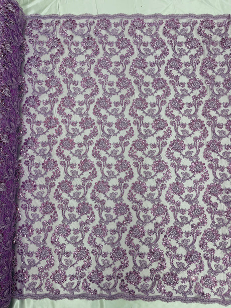 Pamela Floral Lace Polyester Fabric - Floral Corded Embroidered Sequin Lace, 50-54" Width (1 Yard)