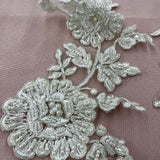 Beaded Corded Floral Lace Applique Embroidered 100 Percent Polyester Net Mesh Fabric - White, Ivory, Ivory With Silver Cording, White With Silver Cording, Black, 13" X 3.5" (1 Pair)