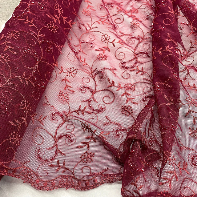 Beaded Lace Fabric on Polyester Net Mesh Red 52"
