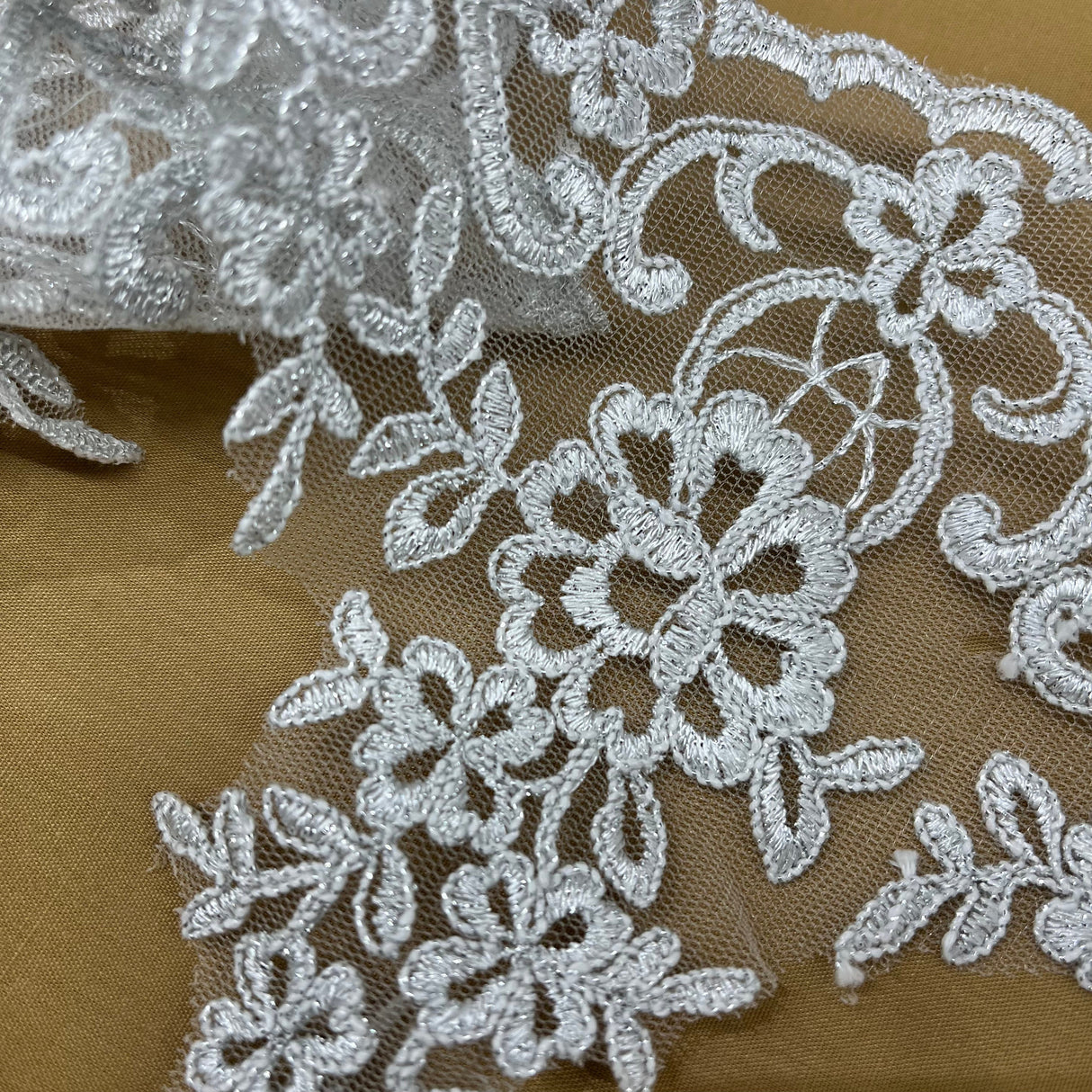 Corded Lace Trimming Embroidered On 100 Percent Polyester Net Mesh Fabric - Black, Ivory With Gold, Ivory With Silver, Ivory, Silver, White, 6" Width (1 Yard)