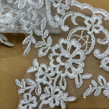 Corded Lace Trimming Embroidered On 100 Percent Polyester Net Mesh Fabric - Black, Ivory With Gold, Ivory With Silver, Ivory, Silver, White, 6" Width (1 Yard)