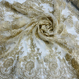 1 Yard Elegant Corded Bridal Lace Fabric with Floral Embroidery White