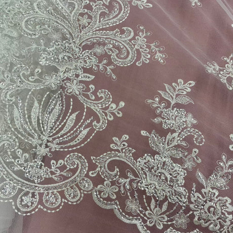 Beaded Lace Fabric on Polyester Net Mesh