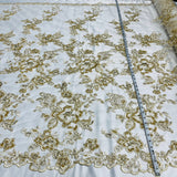 1 Yard Beaded & Corded Bridal Lace Fabric Embroidered on 100% Polyester Net Mesh