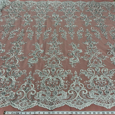 Beaded Corded Bridal Lace Fabric on Polyester Net Mesh