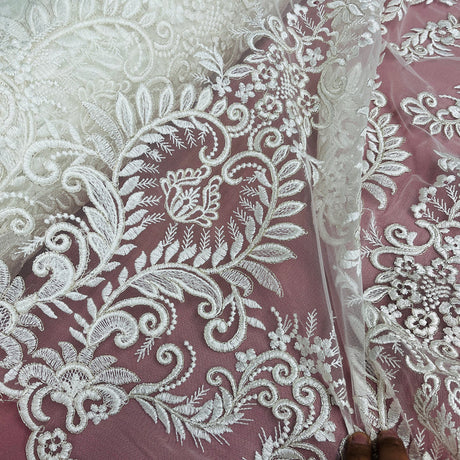1 Yard Elegant Corded Embroidered Bridal Lace Fabric for Occasion White