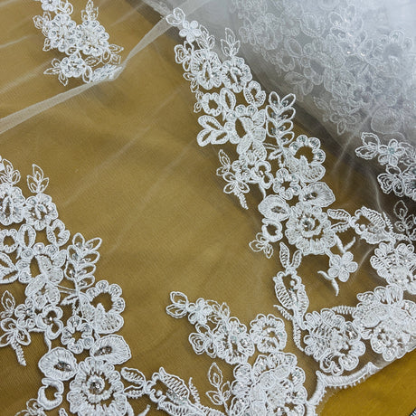 Beaded Corded Floral Bridal Lace Fabric - White, Scalloped Border, 54" Width (1 Yard)