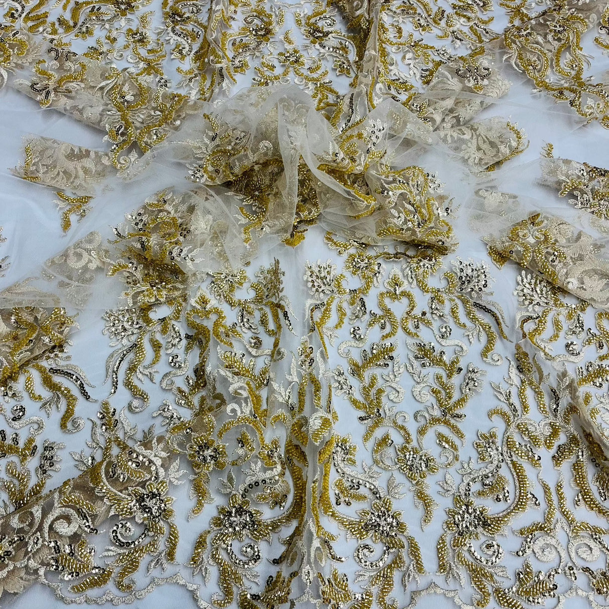 Beaded Sequined Lace Fabric Ivory