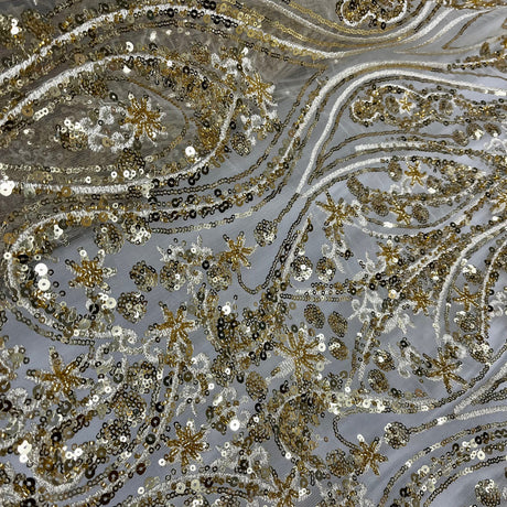 1 Yard Luxury Beaded Lace Embroidered Sheer Polyester Net Fabric for Bridal & Evening Wear