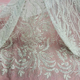 Beaded Lace Fabric - Embroidered 100 Percent Polyester Net Mesh, White, Ivory, Antique Silver, 56" Width (1 Yard)