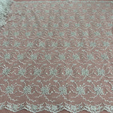 1 Yard Elegant Beaded and Corded Bridal Lace Fabric Embroidered on 100% Polyester Net Mesh White