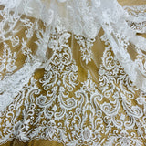 Beaded Lace Fabric Embroidered On 100% Polyester Net Mesh - Off White, Floral Sequin Embroidery, 52" Width (1 Yard)