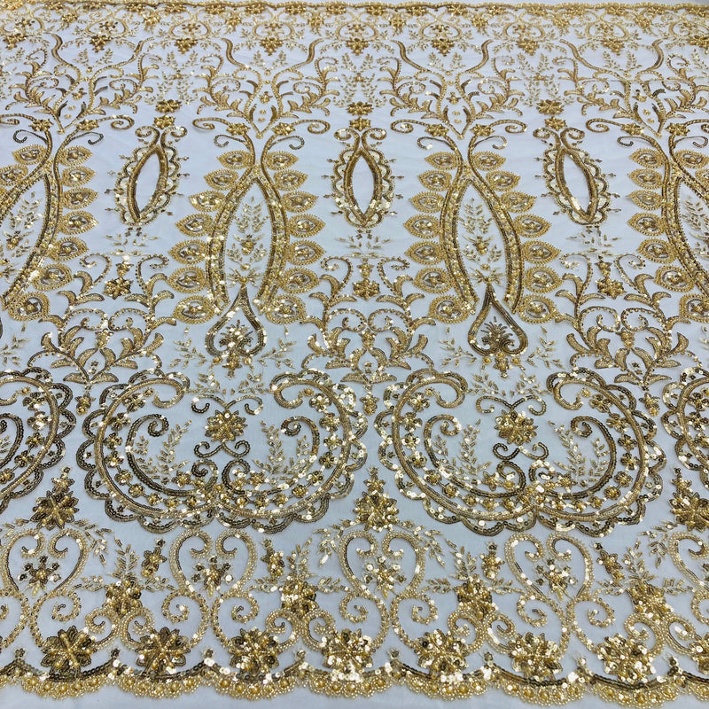 Beaded Lace Fabric Embroidered On 100 Percent Polyester Net Mesh - Gold, Silver, Ivory, White, 52" Width (1 Yard)