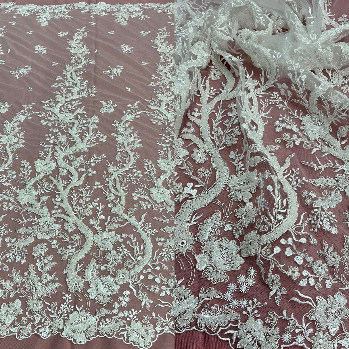 Beaded Corded Bridal Lace Fabric - Gold, Ivory, Silver, White, Embroidered On 100 Percent Polyester Net Mesh, 56" Wide (1 Yard)