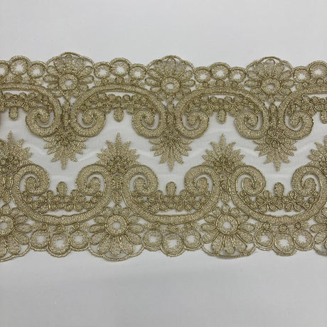 Corded Double Sided Lace Trimming Polyester Fabric - Embroidered Net Mesh, 6.5" Width (1 Yard)