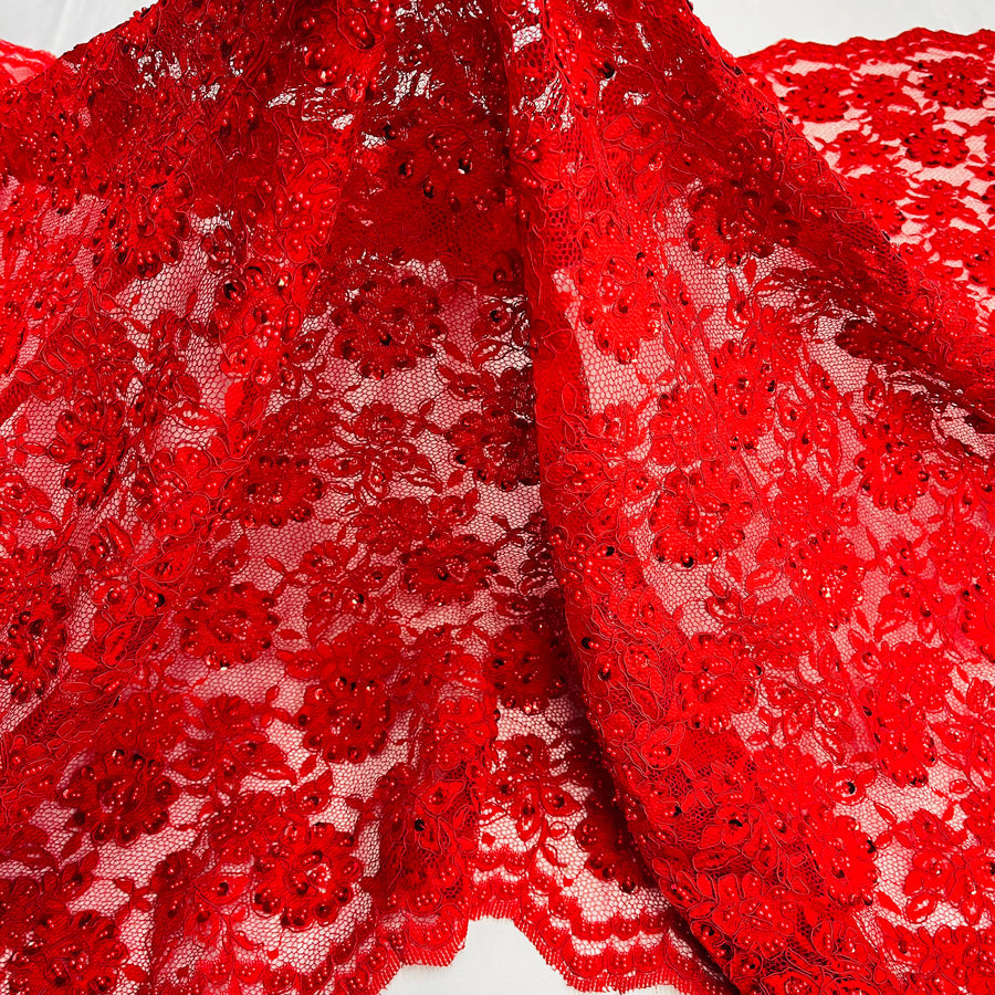 1 Yard Elegant Beaded and Corded Lace Fabric Embroidered on 100% Polyester Net Mesh White