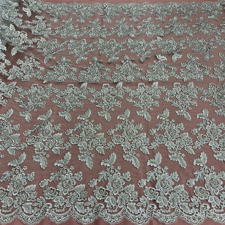 1 Yard Ivory Beaded and Corded Bridal Lace Fabric Embroidered on Polyester Net Mesh 51 Inch Width