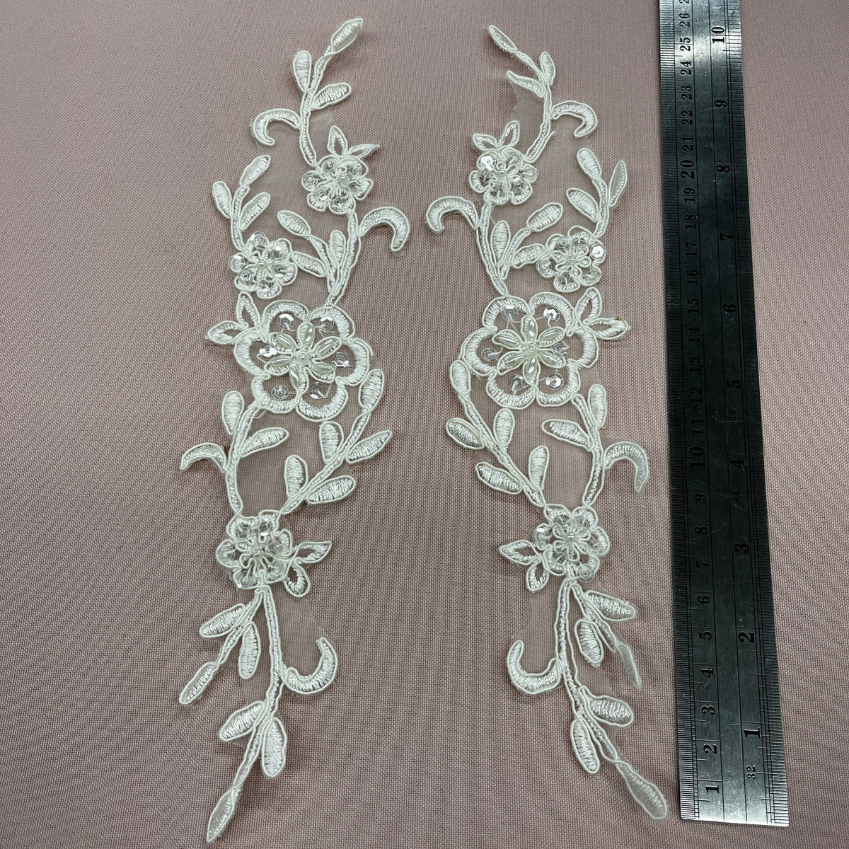 1 Yard Beaded & Corded Lace Applique Embroidered on 100% Polyester Organza Fabric