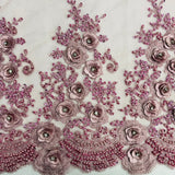 3D Floral Beaded Rhinestone Polyester Lace Fabric - Black, Silver, Pink, 3D Floral Embroidery, 54" Wide (1 Yard)