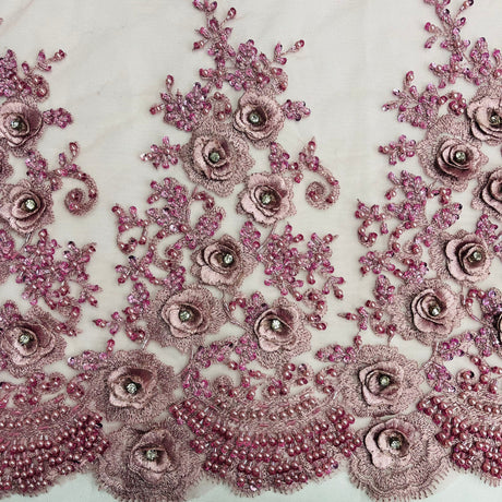 3D Floral Beaded Rhinestone Polyester Lace Fabric - Black, Silver, Pink, 3D Floral Embroidery, 54" Wide (1 Yard)