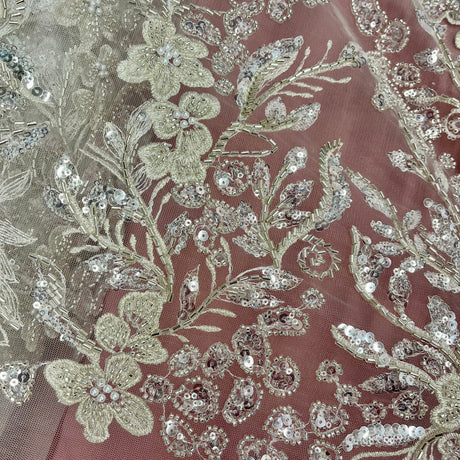 Beaded Lace Fabric on Polyester Net Mesh 54"